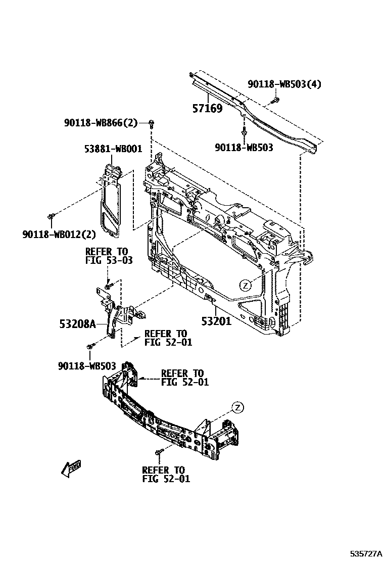 Toyota YARIS 前翼子板挡泥板和前围板 EPC diagram — 535727A