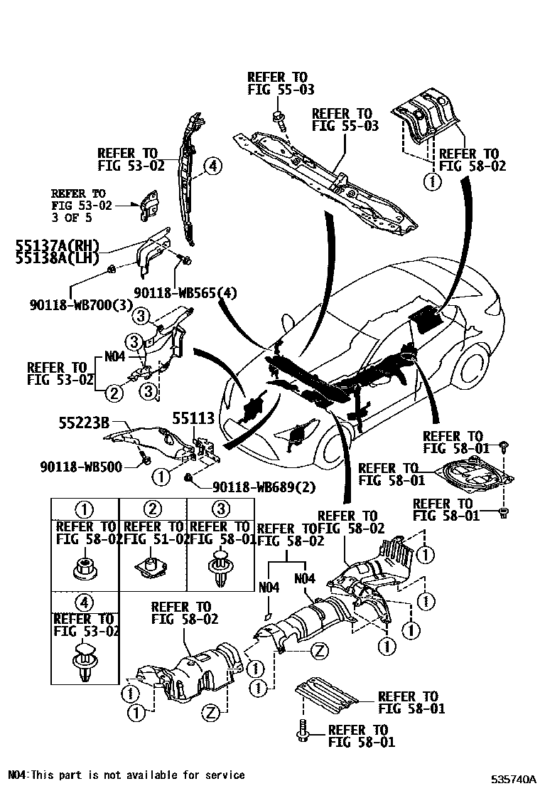 Toyota YARIS 前翼子板挡泥板和前围板 EPC diagram — 535740A