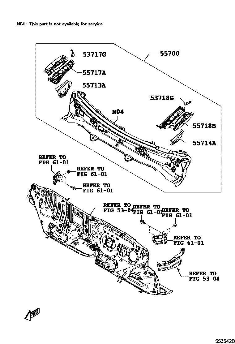 Toyota YARIS 前围板和挡风玻璃 EPC diagram — 553542B