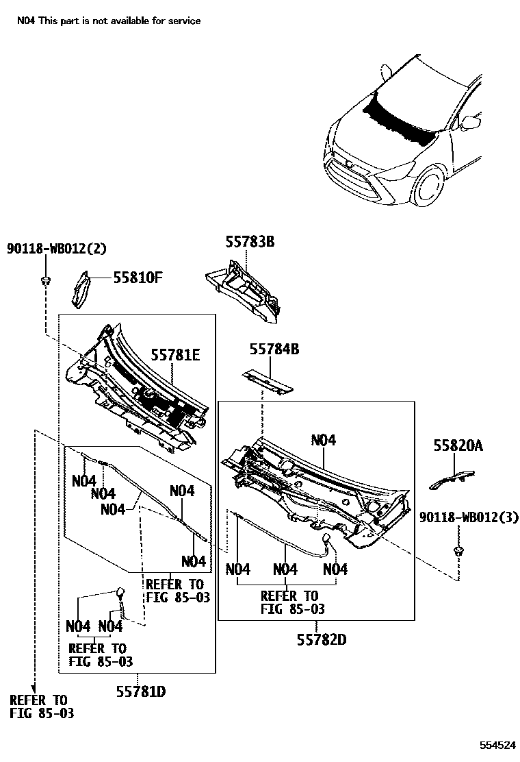 Toyota YARIS 前围板和挡风玻璃 EPC diagram — 554524