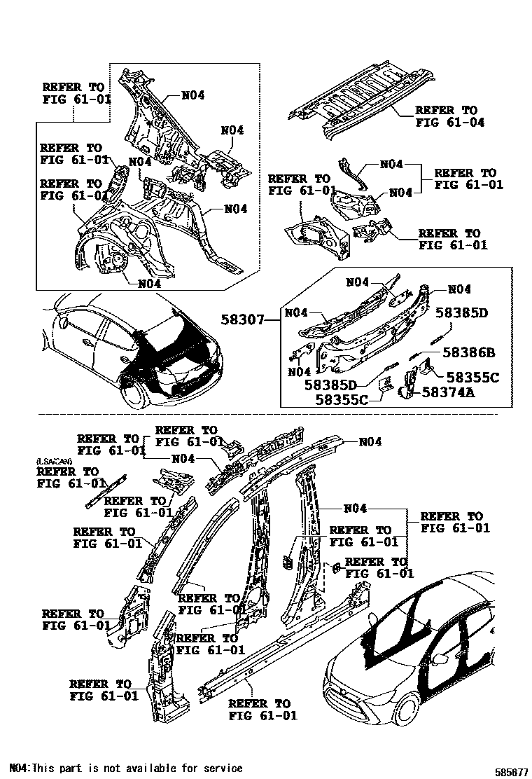 Toyota YARIS 浅盘形地板和车身下背板 EPC diagram — 585677