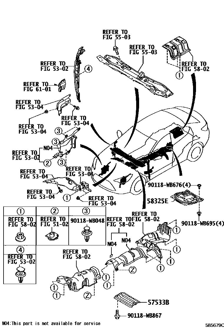 Toyota YARIS 浅盘形地板和车身下背板 EPC diagram — 585679C