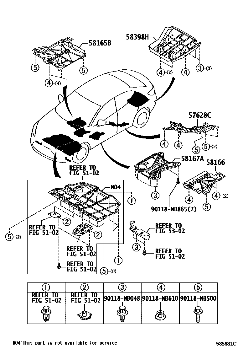Toyota YARIS 浅盘形地板和车身下背板 EPC diagram — 585681C