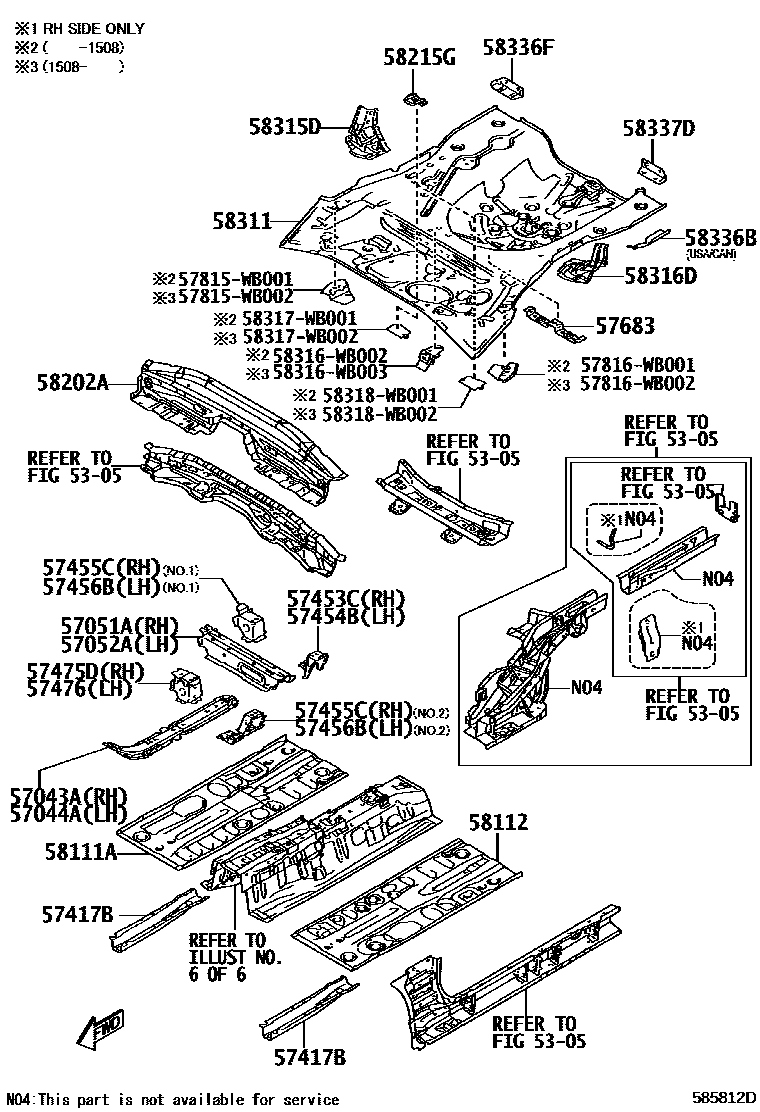 Toyota YARIS 浅盘形地板和车身下背板 EPC diagram — 585812D