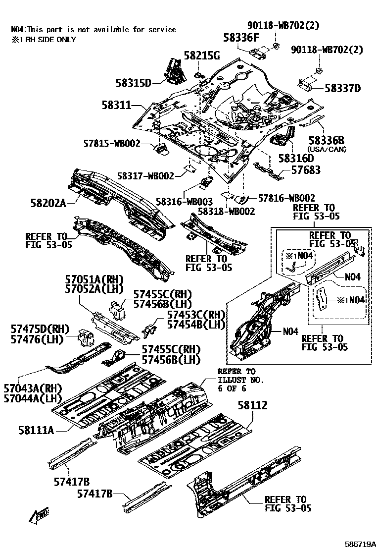 Toyota YARIS 浅盘形地板和车身下背板 EPC diagram — 586719A