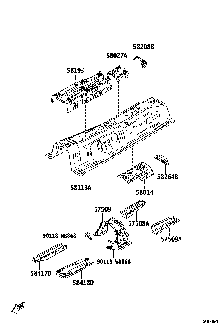 Toyota YARIS 浅盘形地板和车身下背板 EPC diagram — 586894