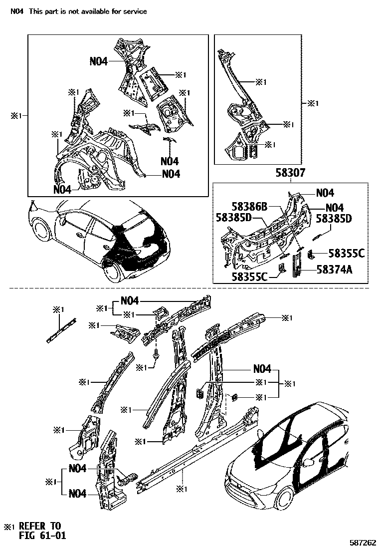 Toyota YARIS 浅盘形地板和车身下背板 EPC diagram — 587262
