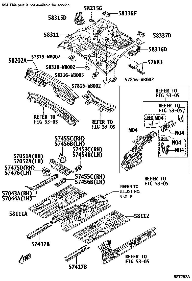 Toyota YARIS 浅盘形地板和车身下背板 EPC diagram — 587263A