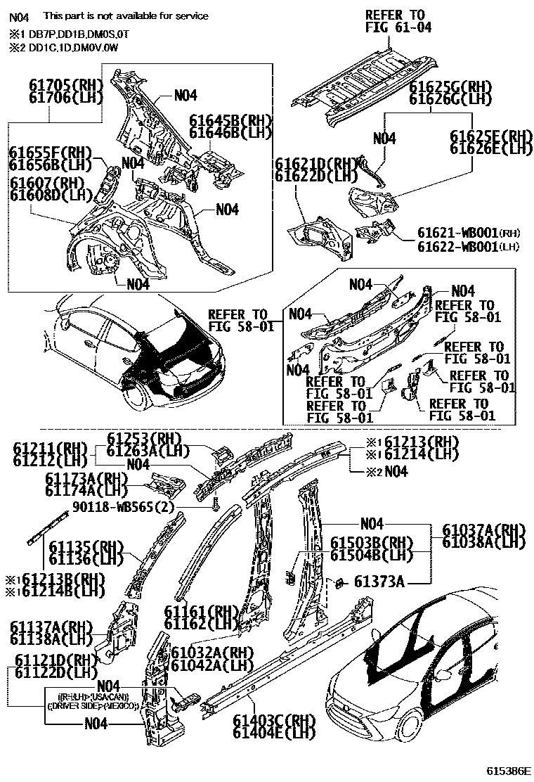 Toyota YARIS 侧梁 EPC diagram — 615386E