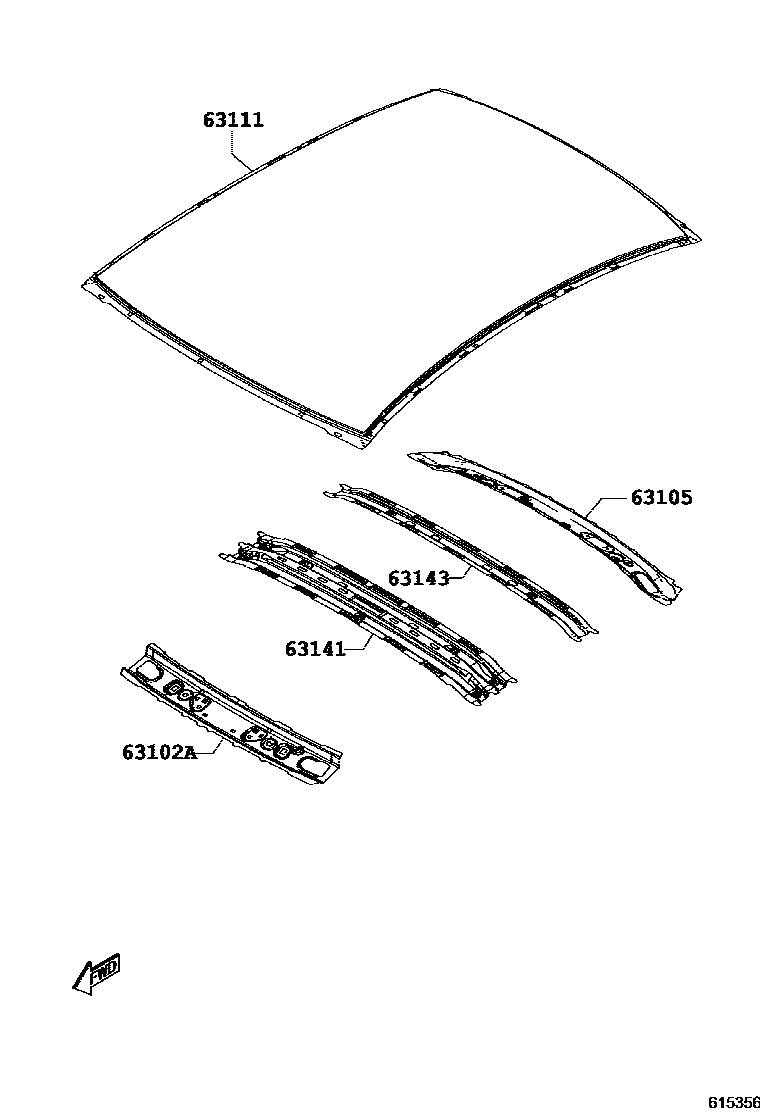 Toyota YARIS 天窗板和背窗玻璃 EPC diagram — 615356