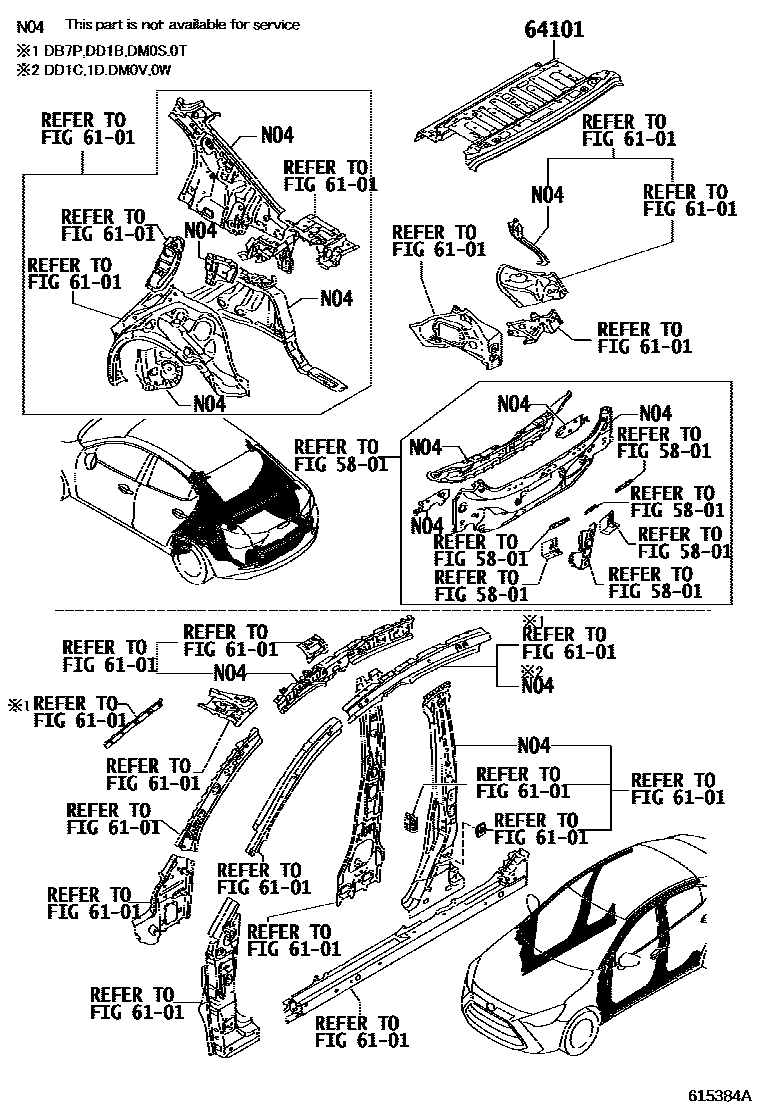Toyota YARIS 天窗板和背窗玻璃 EPC diagram — 615384A