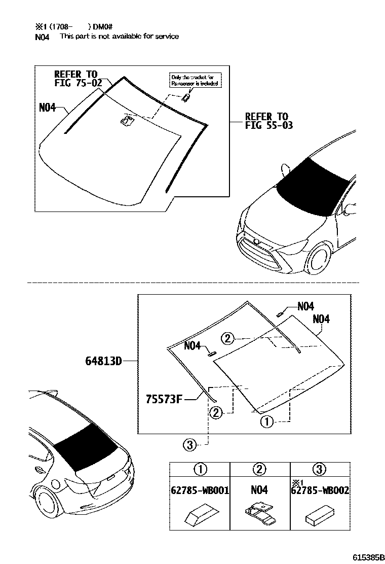 Toyota YARIS 天窗板和背窗玻璃 EPC diagram — 615385B
