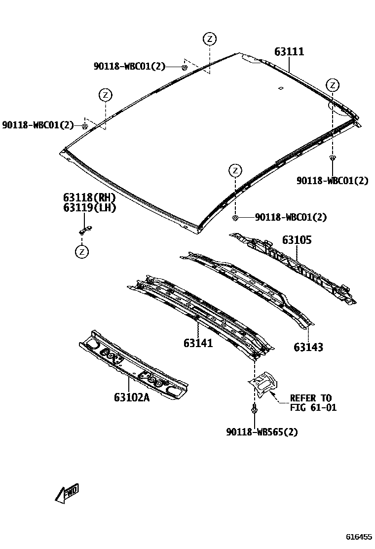 Toyota YARIS 天窗板和背窗玻璃 EPC diagram — 616455
