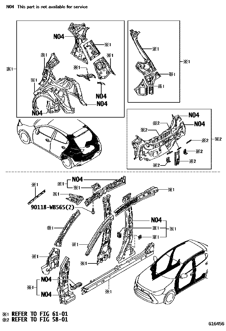 Toyota YARIS 天窗板和背窗玻璃 EPC diagram — 616456