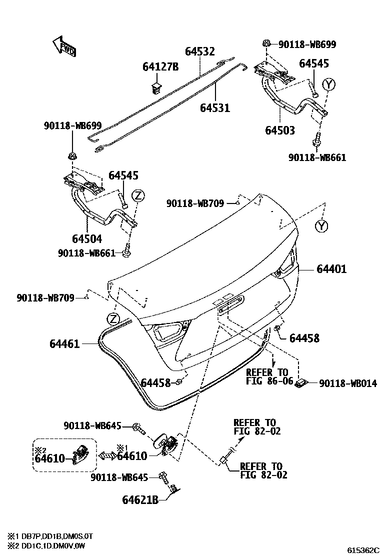 Toyota YARIS 行李箱门和行李箱锁 EPC diagram — 615362C