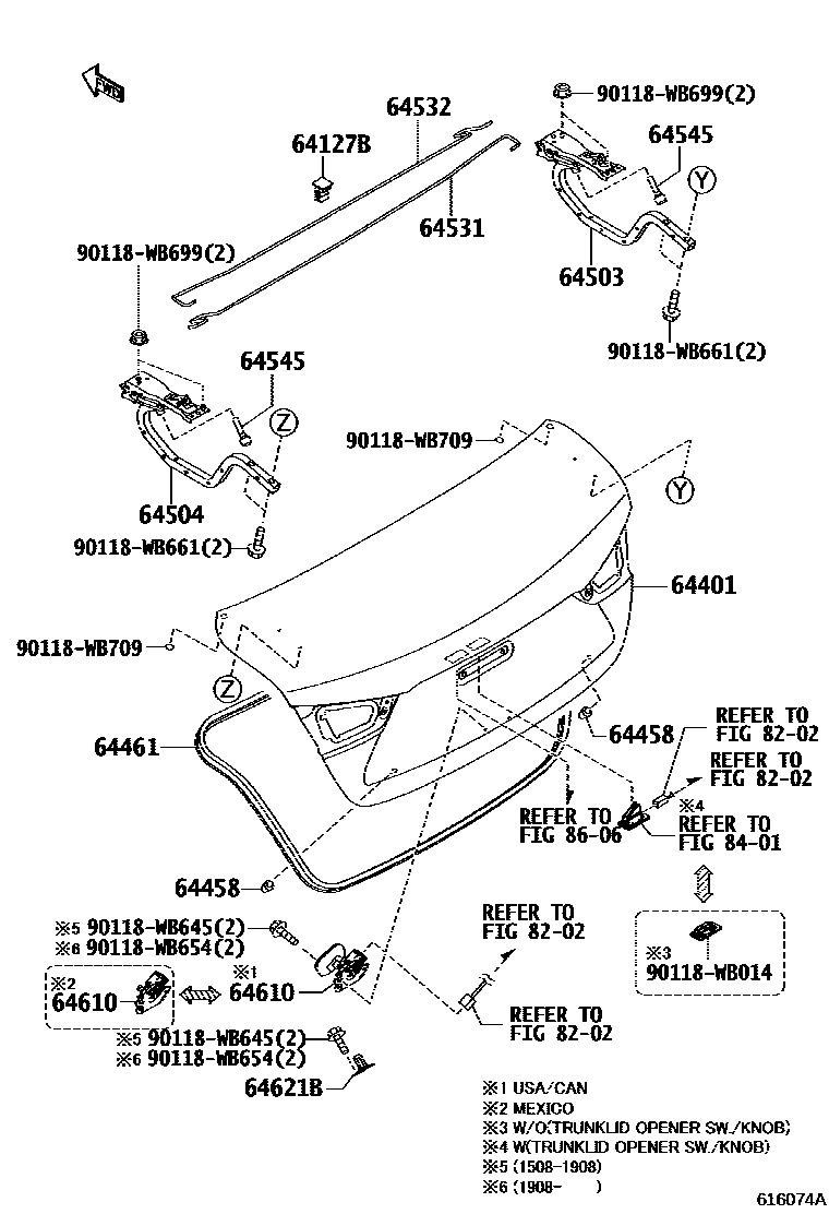 Toyota YARIS 行李箱门和行李箱锁 EPC diagram — 616074A