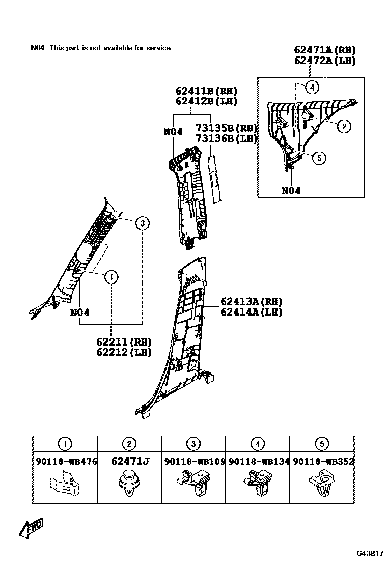 Toyota YARIS 内饰板和车门防水胶条 EPC diagram — 643817