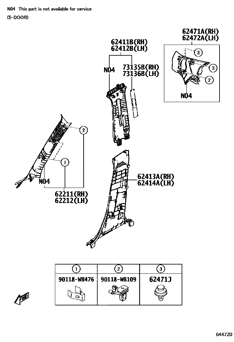 Toyota YARIS 内饰板和车门防水胶条 EPC diagram — 644720