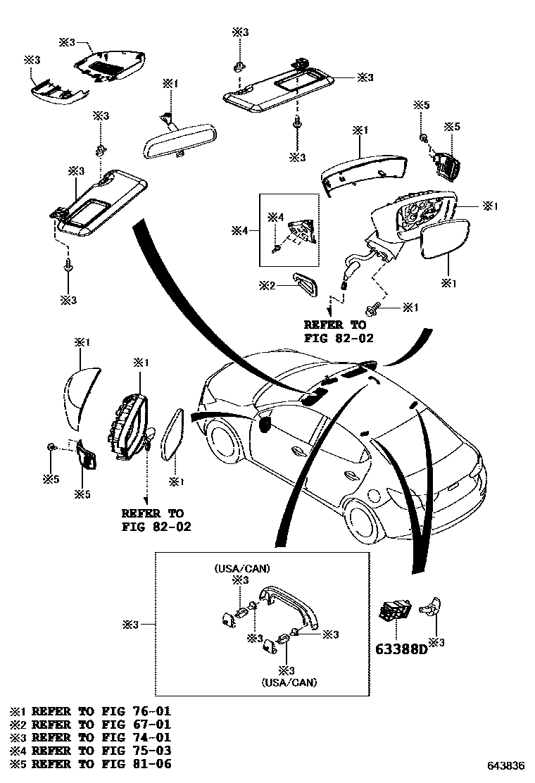 Toyota YARIS 车顶内衬和消声垫 EPC diagram — 643836