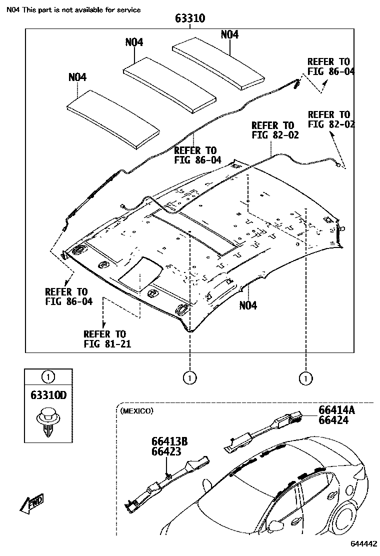 Toyota YARIS 车顶内衬和消声垫 EPC diagram — 644442