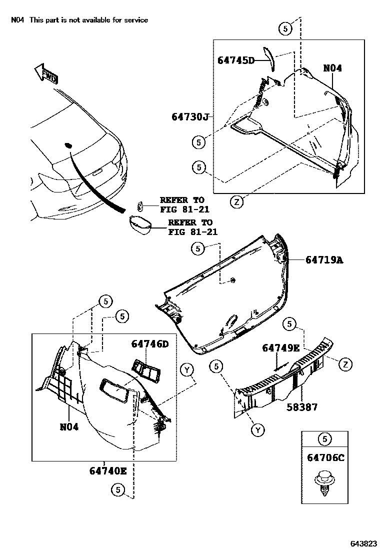 Toyota YARIS 杂物箱板和行李箱垫 EPC diagram — 643823
