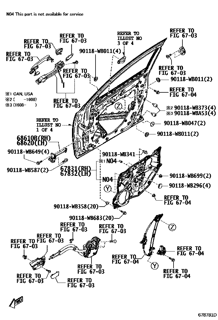 Toyota YARIS 前门板和前门玻璃 EPC diagram — 678781D