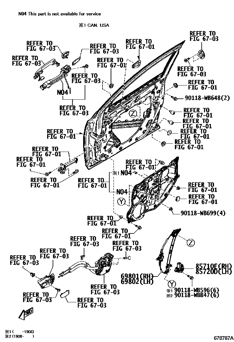 Toyota YARIS 前门车窗升降器和合页 EPC diagram — 678787A
