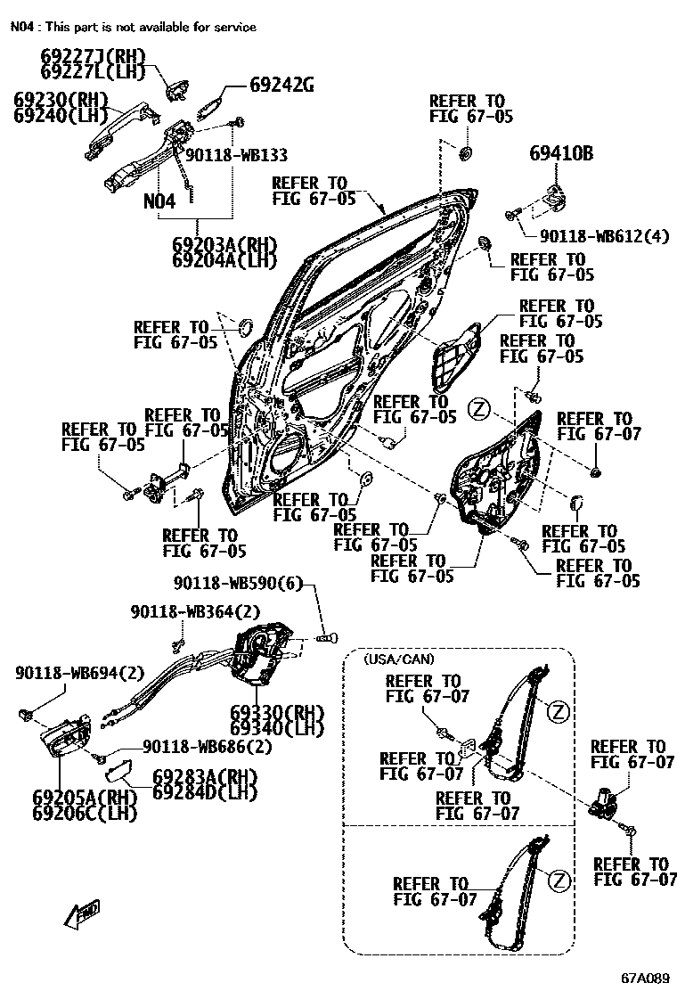 Toyota YARIS 后门锁和后门把手 EPC diagram — 67A089