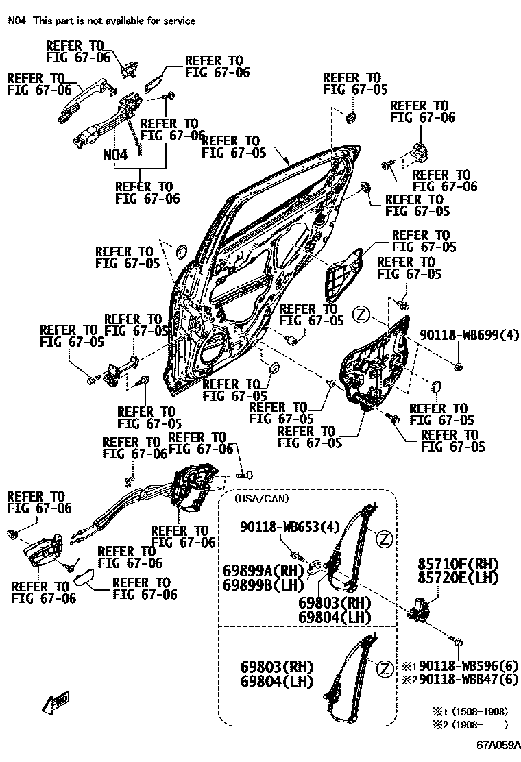 Toyota YARIS 后门车窗升降器和合页 EPC diagram — 67A059A