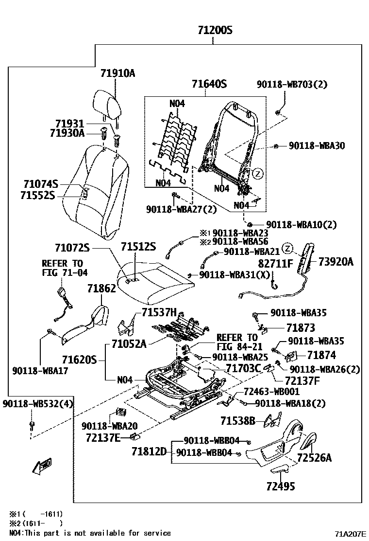 Toyota YARIS 前排座椅和座椅滑轨 EPC diagram — 71A207E