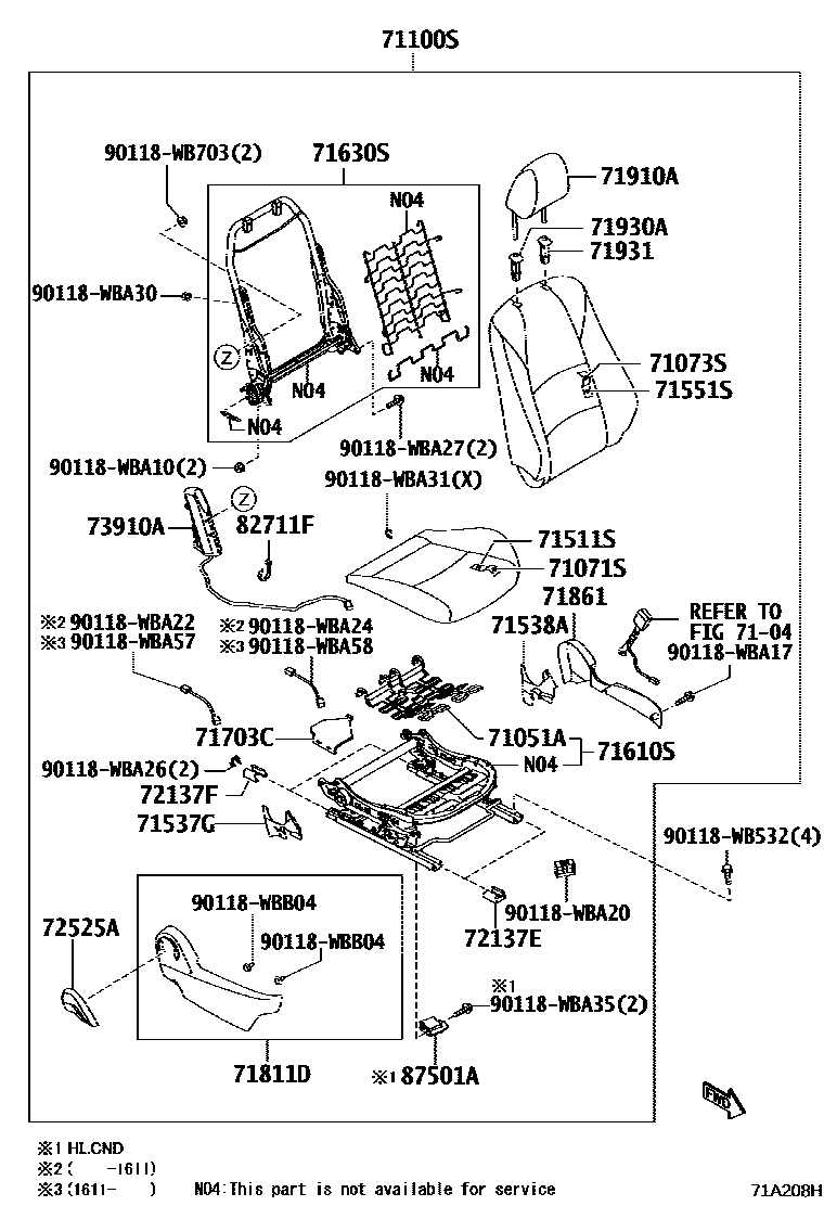 Toyota YARIS 前排座椅和座椅滑轨 EPC diagram — 71A208H