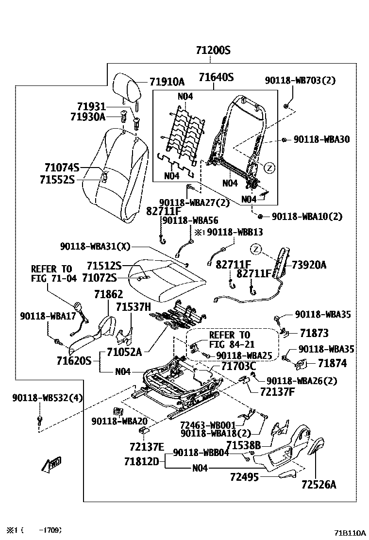 Toyota YARIS 前排座椅和座椅滑轨 EPC diagram — 71B110A