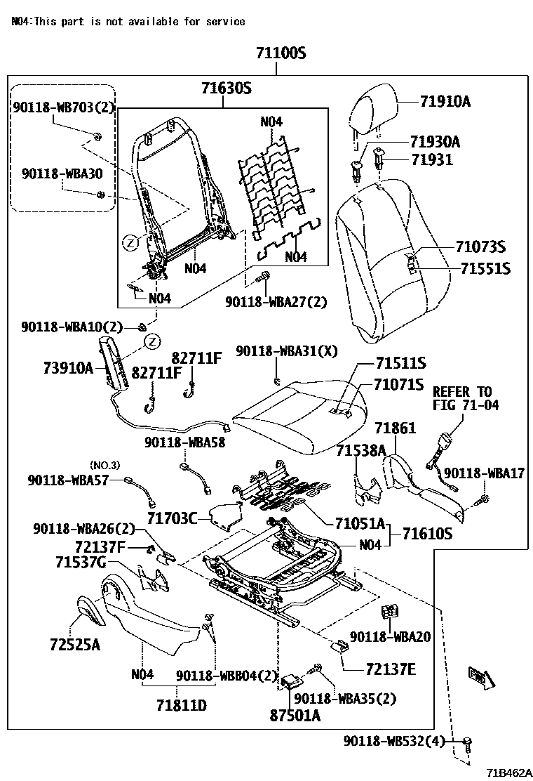 Toyota YARIS 前排座椅和座椅滑轨 EPC diagram — 71B462A
