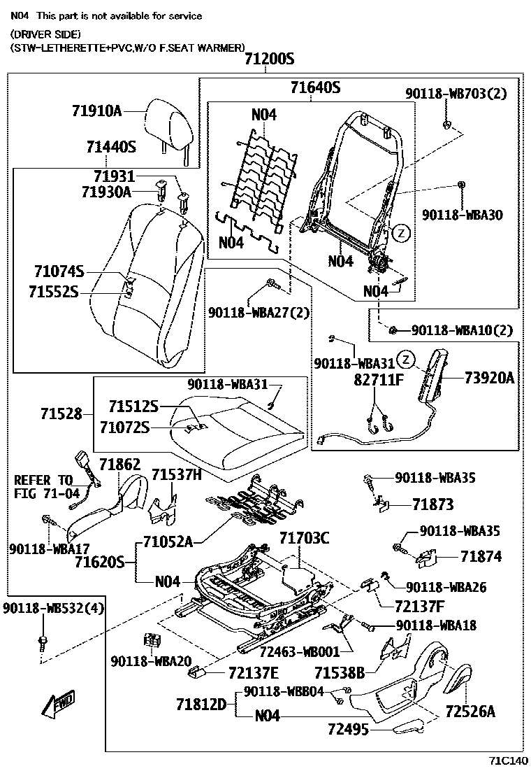 Toyota YARIS 前排座椅和座椅滑轨 EPC diagram — 71C140