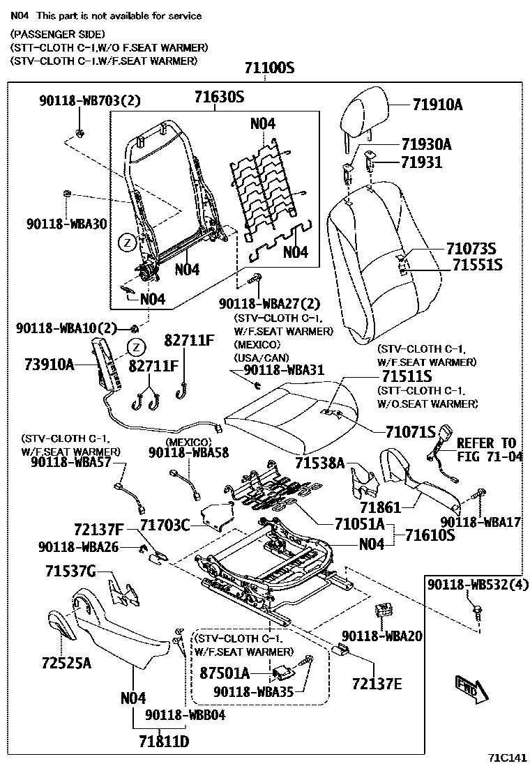 Toyota YARIS 前排座椅和座椅滑轨 EPC diagram — 71C141