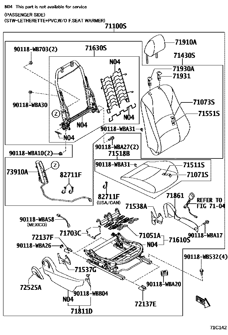 Toyota YARIS 前排座椅和座椅滑轨 EPC diagram — 71C142