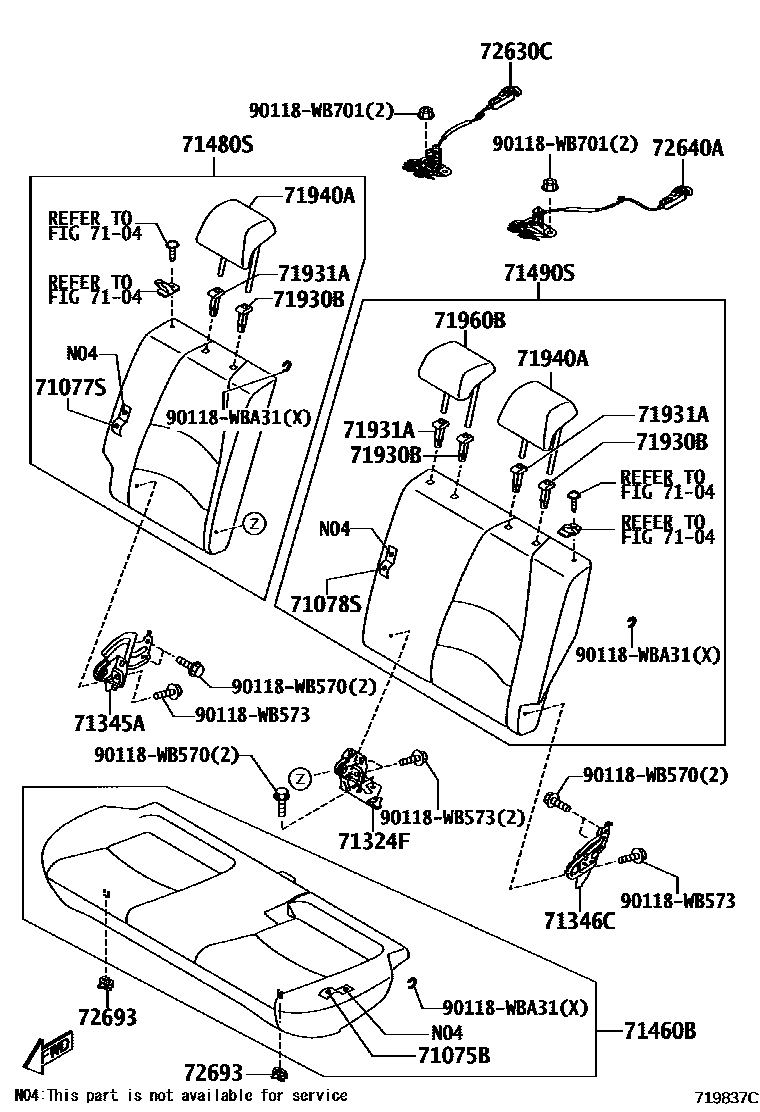 Toyota YARIS 后排座椅和座椅滑轨 EPC diagram — 719837C