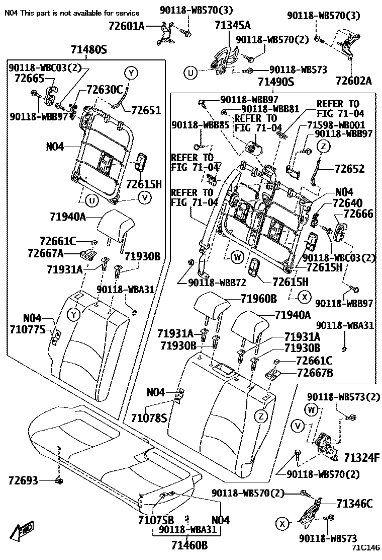 Toyota YARIS 后排座椅和座椅滑轨 EPC diagram — 71C146