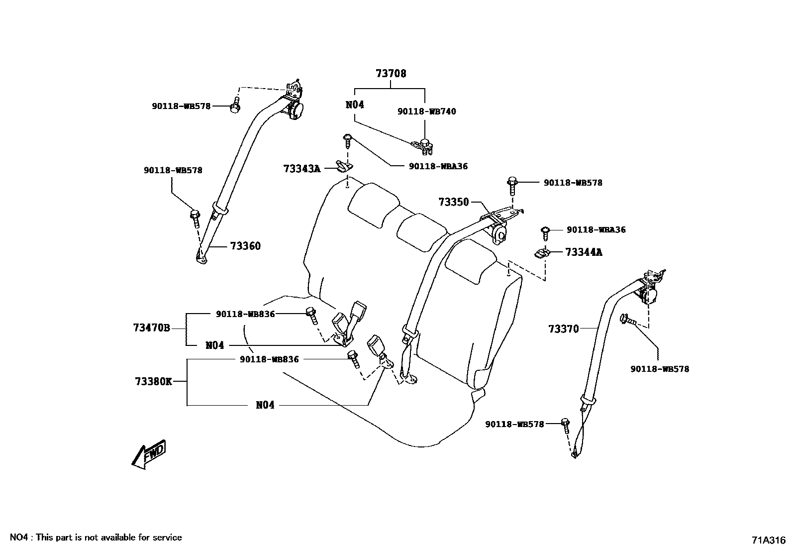 Toyota YARIS 安全带和儿童保护座椅 EPC diagram — 71A316