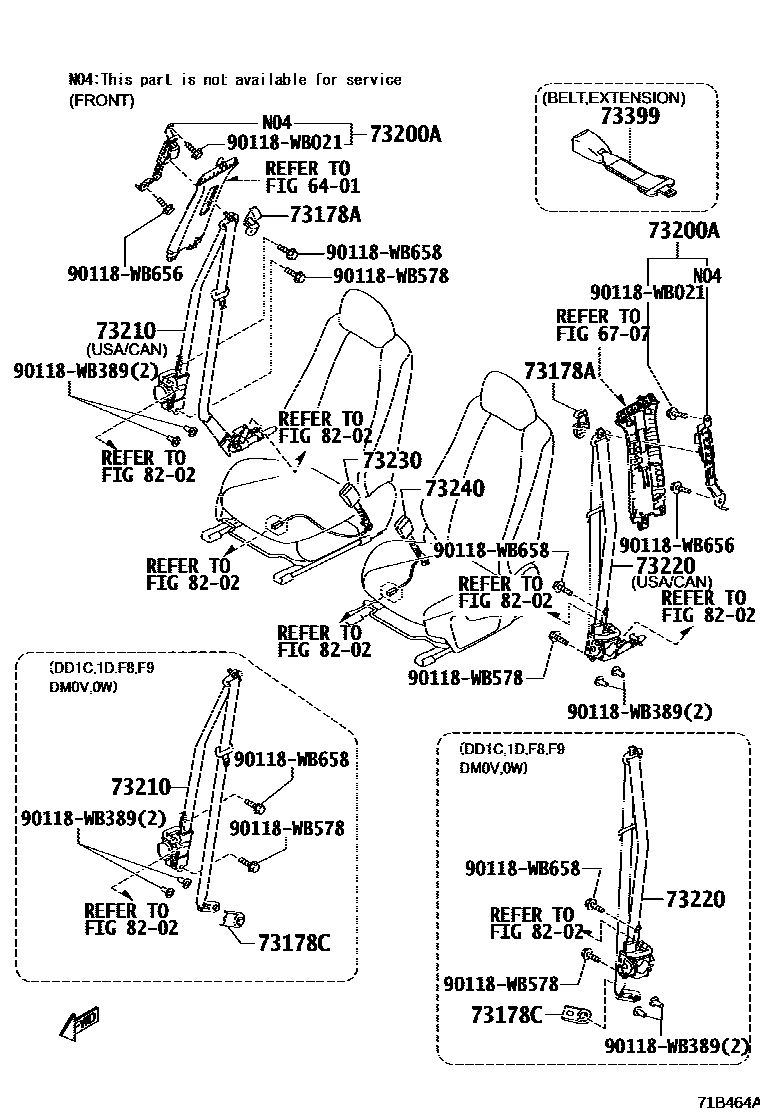 Toyota YARIS 安全带和儿童保护座椅 EPC diagram — 71B464A