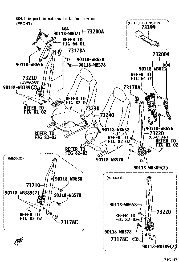 Toyota YARIS 安全带和儿童保护座椅 EPC diagram — 71C147