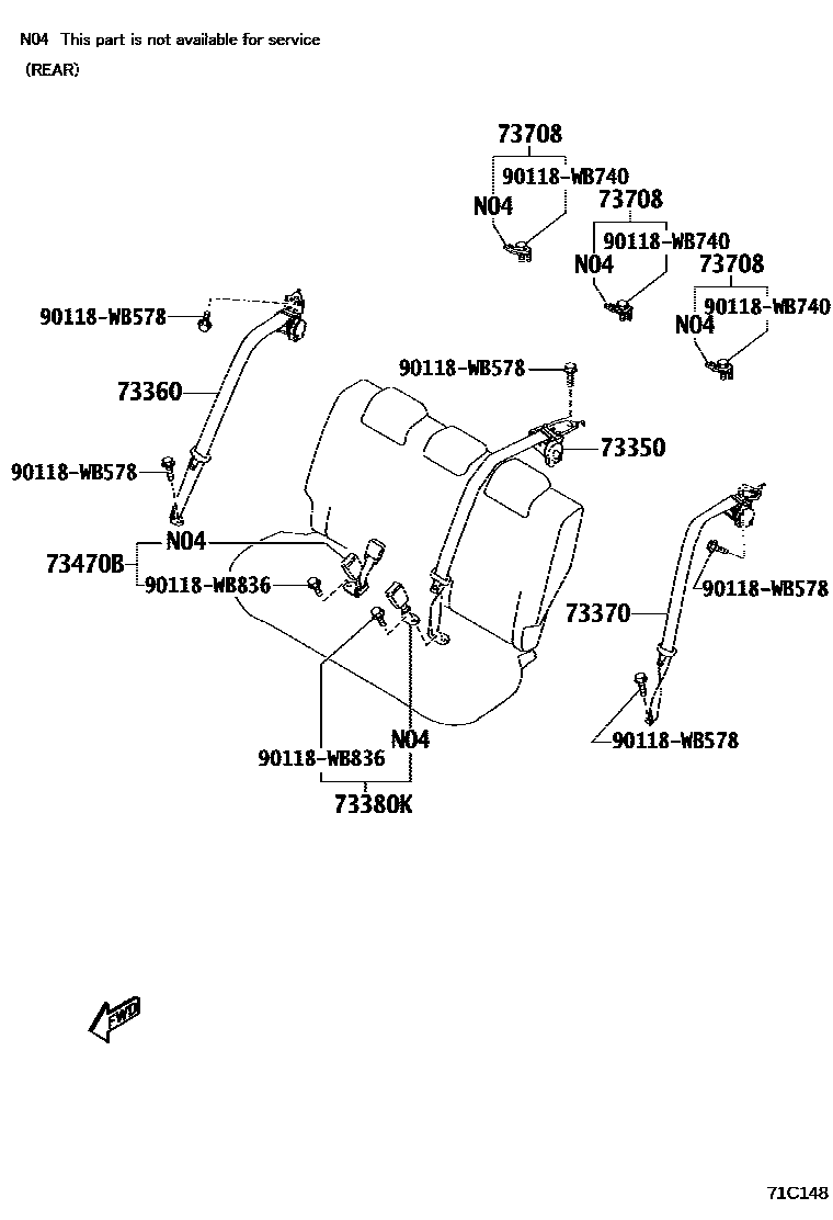 Toyota YARIS 安全带和儿童保护座椅 EPC diagram — 71C148