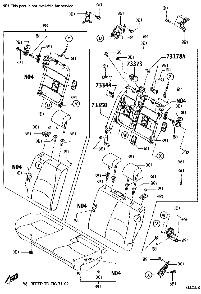 Toyota YARIS 安全带和儿童保护座椅 EPC diagram — 71C153