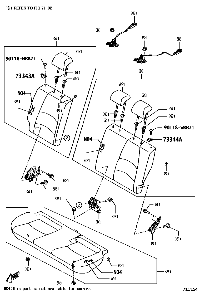 Toyota YARIS 安全带和儿童保护座椅 EPC diagram — 71C154