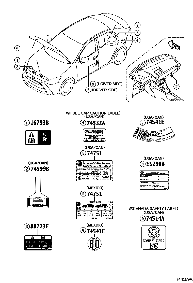 Toyota YARIS 警示铭牌(车外和车内) EPC diagram — 744189A