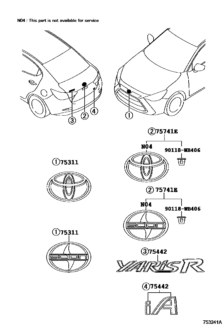 Toyota YARIS 丰田徽标和铭牌(车外和车内) EPC diagram — 753282A