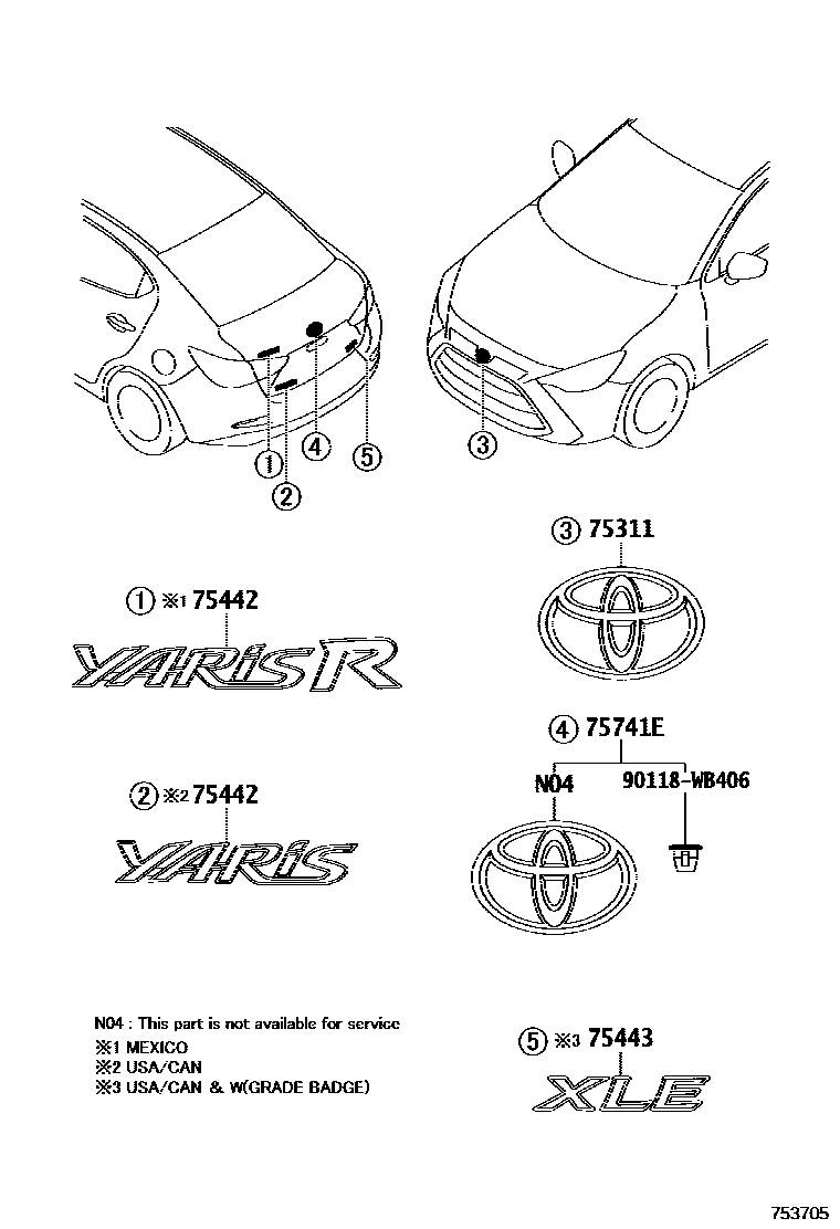 Toyota YARIS 丰田徽标和铭牌(车外和车内) EPC diagram — 753705