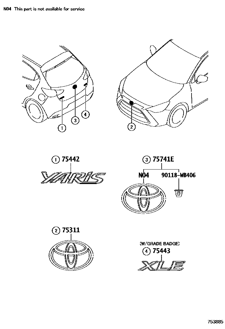 Toyota YARIS 丰田徽标和铭牌(车外和车内) EPC diagram — 753885