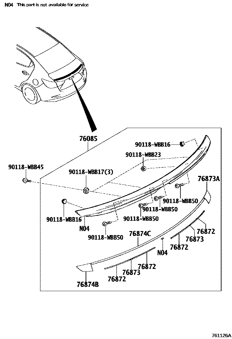 Toyota YARIS 挡泥板和扰流板 EPC diagram — 761126A