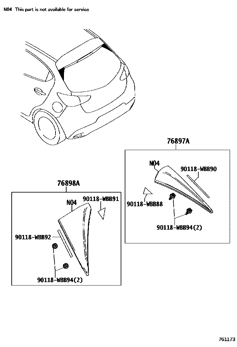 Toyota YARIS 挡泥板和扰流板 EPC diagram — 761173